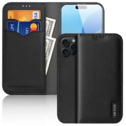 DUX DUCIS Genuine Real Leather Flip RFID Wallet Case For Apple IPhone 16 Pro - Black