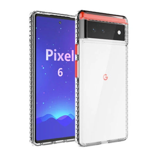Armoured™ Shock Tough Rugged Case For Google Pixel 6 - Clear / Red Buttons