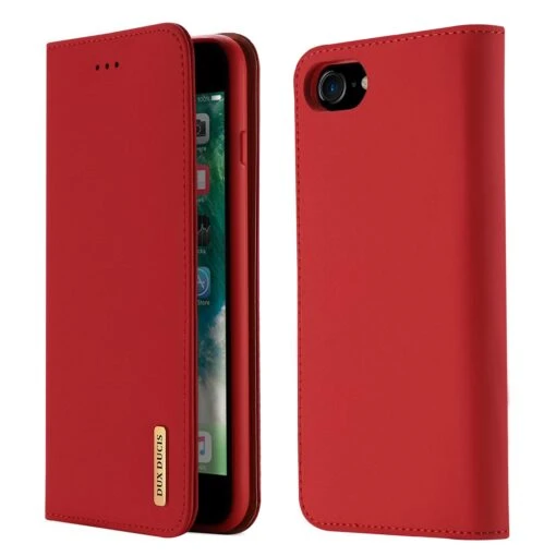 DUX DUCIS Real Genuine Leather Flip Wallet Case For Apple IPhone SE 2022, SE 2020, 8, 7 - Red