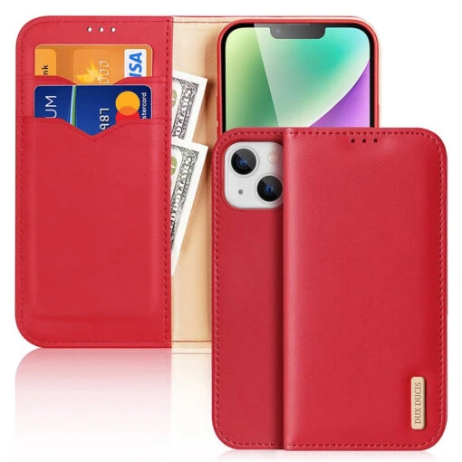 DUX DUCIS Genuine Real Leather Flip RFID Wallet Case For Apple IPhone 15 Plus - Red