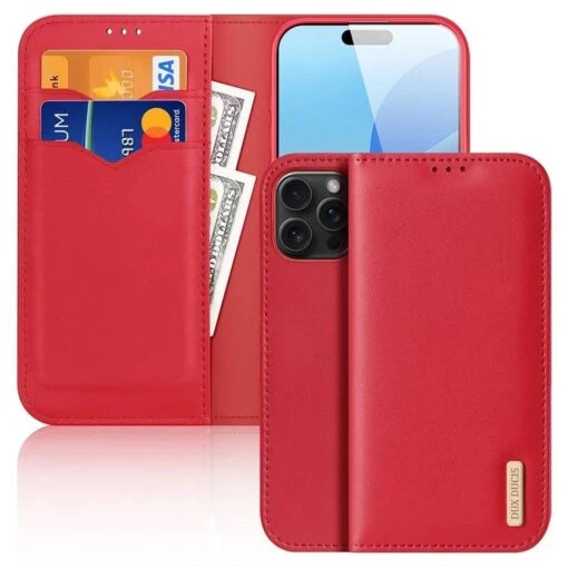 DUX DUCIS Genuine Real Leather Flip RFID Wallet Case For Apple IPhone 16 Pro - Red