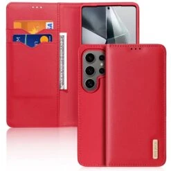 DUX DUCIS Real Leather Flip RFID Wallet Case For Samsung Galaxy S25 Ultra - Red