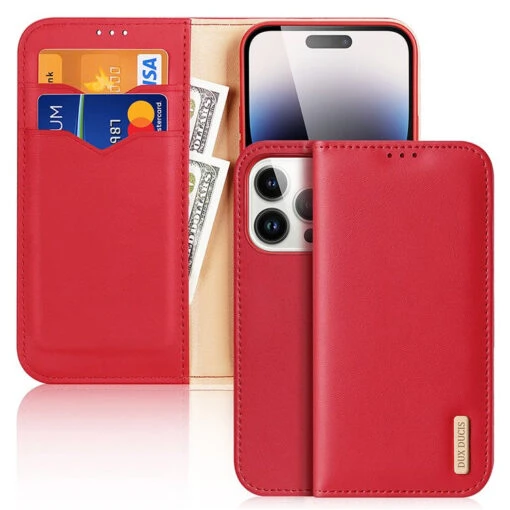 DUX DUCIS Genuine Real Leather Flip RFID Wallet Case For Apple IPhone 15 Pro - Red