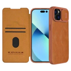 Nillkin Qin Pro Faux Leather Camera Lens Protector Case For Apple IPhone 15 Plus - Brown