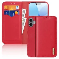 DUX DUCIS Genuine Real Leather Flip RFID Wallet Case For Apple IPhone 16 - Red