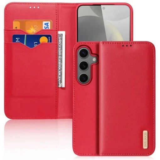 DUX DUCIS Real Leather Flip RFID Wallet Case For Samsung Galaxy S25 - Red