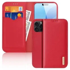 DUX DUCIS Genuine Real Leather Flip RFID Wallet Case For Apple IPhone 16 Pro Max - Red