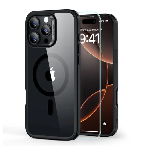 ESR Classic Hybrid Tough Rear Case + Tempered Screen Protector For IPhone 16 Pro Max - Clear Black