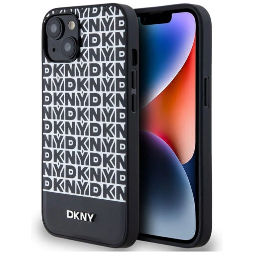 DKNY Leather Printed Design With Metal Logo Magsafe Rear Case Cover For Apple IPhone 15 - Black/White