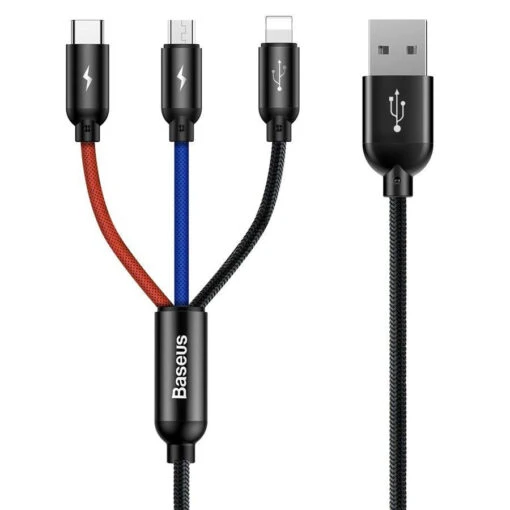 Baseus 3 In 1 - Type C, Lightning & Micro USB Data Charging Cable 120cm - Black