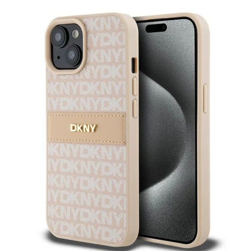 DKNY PU Leather Textured Tonal Stripe Magsafe Rear Case For IPhone 15 - Pink