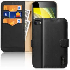 DUX DUCIS Real Leather Flip RFID Wallet Case For Apple IPhone SE 2022, SE 2020, 8, 7 - Black
