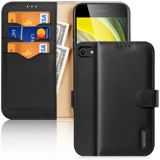 DUX DUCIS Real Leather Flip RFID Wallet Case For Apple IPhone SE 2022, SE 2020, 8, 7 - Black