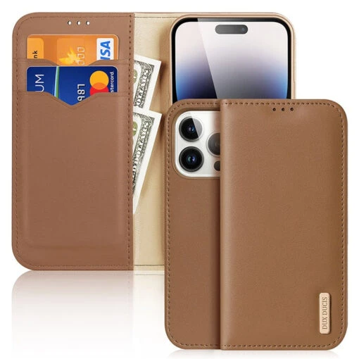 DUX DUCIS Genuine Real Leather Flip RFID Wallet Case For Apple IPhone 15 Pro Max - Brown